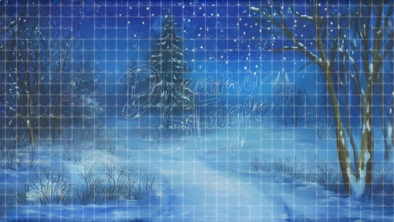 Misty Snow Road Forest digital stage backdrop for theatre projection, dance recital, school musical, community theatre, LED screen background, and printable stage scenery. Suitable for Frozen, The Snow Queen, Snow Queen inspired productions,