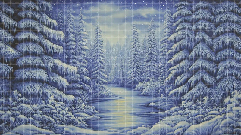 Frozen River Pine Forest digital stage backdrop for theatre projection, dance recital, school musical, community theatre, LED screen background, and printable stage scenery. Suitable for Frozen, The Snow Queen, Snow Queen inspired productions,