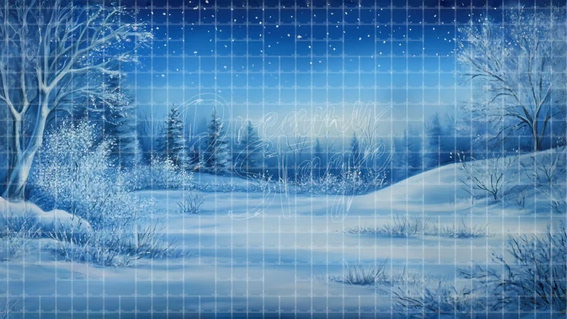 Blue Snow Forest Horizon digital stage backdrop for theatre projection, dance recital, school musical, community theatre, LED screen background, and printable stage scenery. Suitable for Frozen, The Snow Queen, Snow Queen inspired productions,