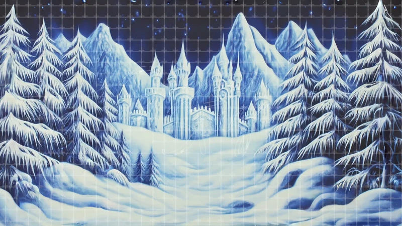 Snowy Mountain Forest digital stage backdrop for theatre projection, dance recital, school musical, community theatre, LED screen background, and printable stage scenery. Suitable for Frozen, The Snow Queen, Snow Queen inspired productions,