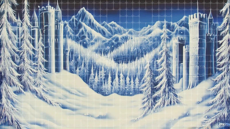 Frozen Mountain Valley digital stage backdrop for theatre projection, dance recital, school musical, community theatre, LED screen background, and printable stage scenery. Suitable for Frozen, The Snow Queen, Snow Queen inspired productions,