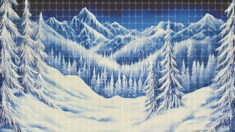 Icy Forest Mountains digital stage backdrop for theatre projection, dance recital, school musical, community theatre, LED screen background, and printable stage scenery. Suitable for Frozen, The Snow Queen, Snow Queen inspired productions,