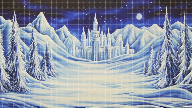 Snow Queen Ice Palace digital stage backdrop for theatre projection, dance recital, school musical, community theatre, LED screen background, and printable stage scenery. Suitable for Frozen, The Snow Queen, Snow Queen inspired productions,