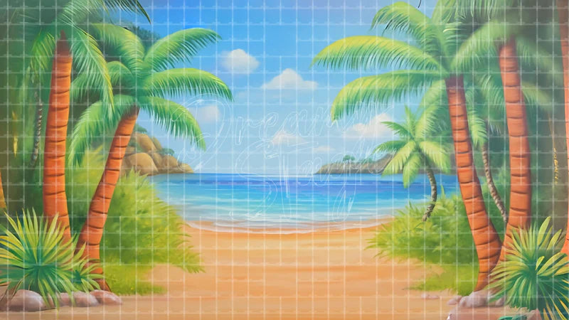 Palm Tree Beach digital stage backdrop for theatre projection, dance recital, school musical, community theatre, LED screen background, and printable stage scenery. Suitable for Moana, The Little Mermaid, Little Mermaid inspired productions,