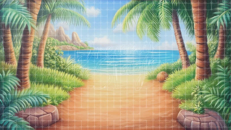 Sunny Beach Path digital stage backdrop for theatre projection, dance recital, school musical, community theatre, LED screen background, and printable stage scenery. Suitable for Moana, The Little Mermaid, Little Mermaid inspired productions,