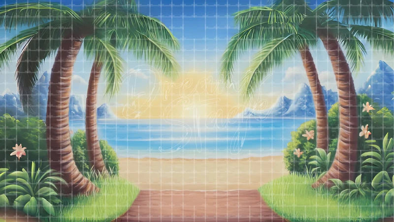 Tropical Beach Sunrise digital stage backdrop for theatre projection, dance recital, school musical, community theatre, LED screen background, and printable stage scenery. Suitable for Moana, The Little Mermaid, Little Mermaid inspired productions,