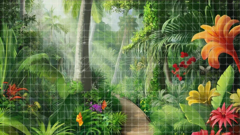 Jungle Path Tropical Flowers digital stage backdrop for theatre projection, dance recital, school musical, community theatre, LED screen background, and printable stage scenery. Suitable for The Jungle Book, Jungle Book, Tarzan inspired productions,