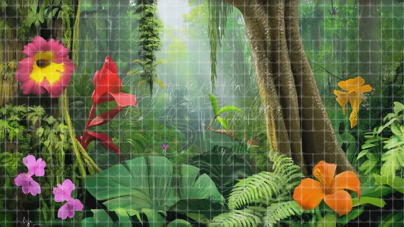 Rainforest Flower Path digital stage backdrop for theatre projection, dance recital, school musical, community theatre, LED screen background, and printable stage scenery. Suitable for The Jungle Book, Jungle Book, Tarzan inspired productions,