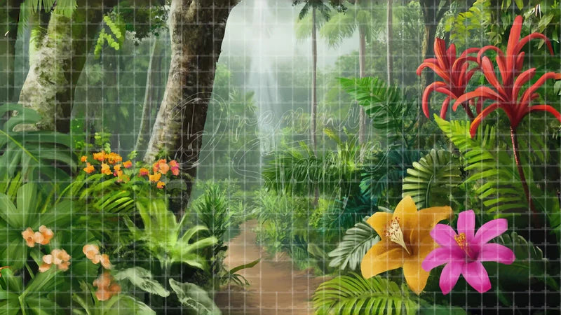 Dense Jungle Flower digital stage backdrop for theatre projection, dance recital, school musical, community theatre, LED screen background, and printable stage scenery. Suitable for The Jungle Book, Jungle Book, Tarzan inspired productions,