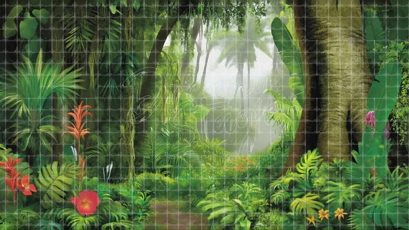 Tropical Rainforest Path digital stage backdrop for theatre projection, dance recital, school musical, community theatre, LED screen background, and printable stage scenery. Suitable for The Jungle Book, Jungle Book, Tarzan inspired productions,