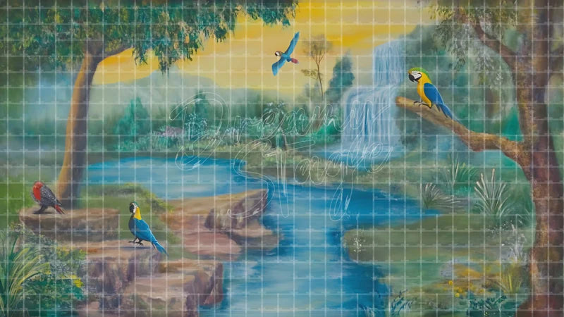 Jungle River Waterfall digital stage backdrop for theatre projection, dance recital, school musical, community theatre, LED screen background, and printable stage scenery. Suitable for The Jungle Book, Jungle Book, Tarzan inspired productions,