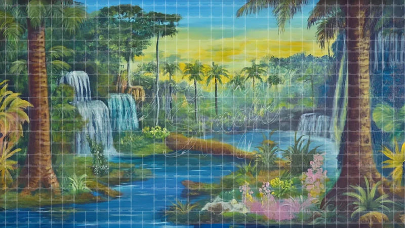 Tropical Waterfall River digital stage backdrop for theatre projection, dance recital, school musical, community theatre, LED screen background, and printable stage scenery. Suitable for The Jungle Book, Jungle Book, Tarzan inspired productions,