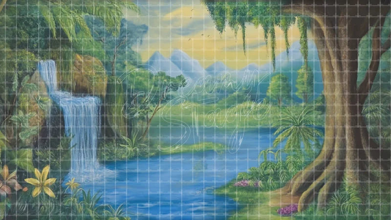 Lush Jungle River Landscape digital stage backdrop for theatre projection, dance recital, school musical, community theatre, LED screen background, and printable stage scenery. Suitable for The Jungle Book, Jungle Book, Tarzan inspired productions,
