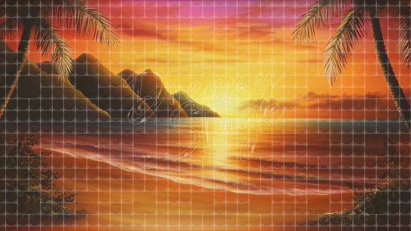 Orange Tropical Sunset Beach digital stage backdrop for theatre projection, dance recital, school musical, community theatre, LED screen background, and printable stage scenery. Suitable for Moana, The Little Mermaid, Little Mermaid inspired productions,