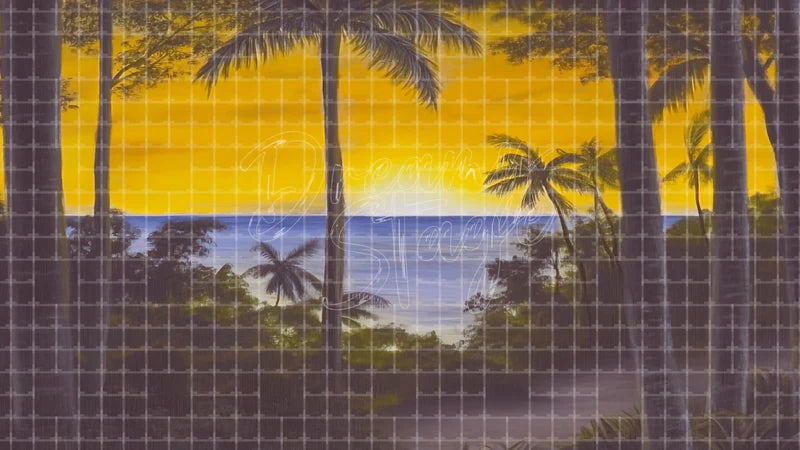 Dark Palm Beach Sunset digital stage backdrop for theatre projection, dance recital, school musical, community theatre, LED screen background, and printable stage scenery. Suitable for Moana, The Little Mermaid, Little Mermaid inspired productions,