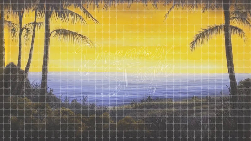 Palm Silhouette Golden Sunset digital stage backdrop for theatre projection, dance recital, school musical, community theatre, LED screen background, and printable stage scenery. Suitable for Moana, The Little Mermaid, Little Mermaid inspired productions,