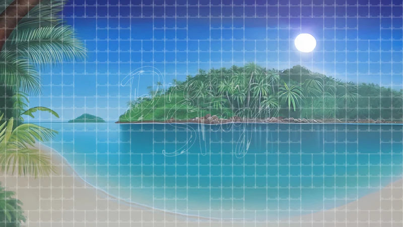 Tropical Moonlit Island digital stage backdrop for theatre projection, dance recital, school musical, community theatre, LED screen background, and printable stage scenery. Suitable for Moana, The Little Mermaid, Little Mermaid inspired productions,