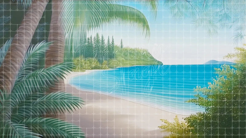 Palm Framed Beach Scene digital stage backdrop for theatre projection, dance recital, school musical, community theatre, LED screen background, and printable stage scenery. Suitable for Moana, The Little Mermaid, Little Mermaid inspired productions,