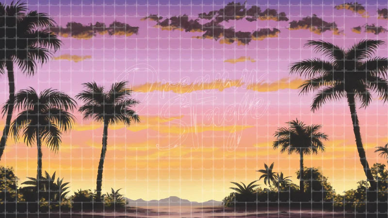 Pink Tropical Sunset Palm digital stage backdrop for theatre projection, dance recital, school musical, community theatre, LED screen background, and printable stage scenery. Suitable for Moana, The Little Mermaid, Little Mermaid inspired productions,
