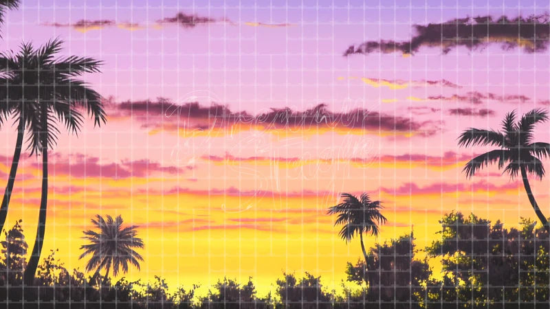 Orange Palm Sunset digital stage backdrop for theatre projection, dance recital, school musical, community theatre, LED screen background, and printable stage scenery. Suitable for Moana, The Little Mermaid, Little Mermaid inspired productions,