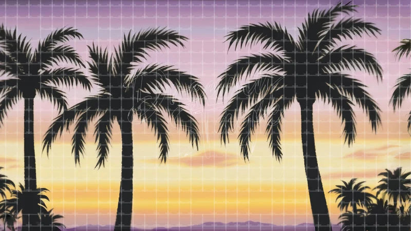 Palm Tree Silhouette Sunset digital stage backdrop for theatre projection, dance recital, school musical, community theatre, LED screen background, and printable stage scenery. Suitable for Moana, The Little Mermaid, Little Mermaid inspired productions,