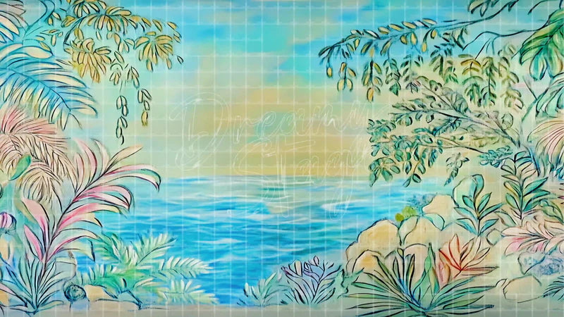 Pastel Tropical Beach Illustration digital stage backdrop for theatre projection, dance recital, school musical, community theatre, LED screen background, and printable stage scenery. Suitable for Moana, The Little Mermaid, Little Mermaid inspired productions,