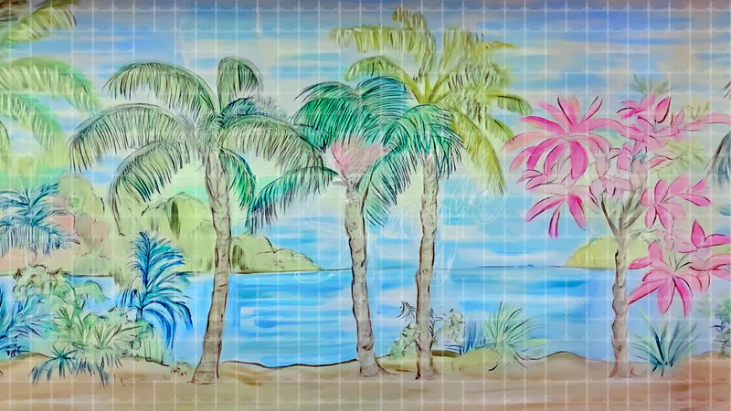 Watercolor Palm Island digital stage backdrop for theatre projection, dance recital, school musical, community theatre, LED screen background, and printable stage scenery. Suitable for Moana, The Little Mermaid, Little Mermaid inspired productions,