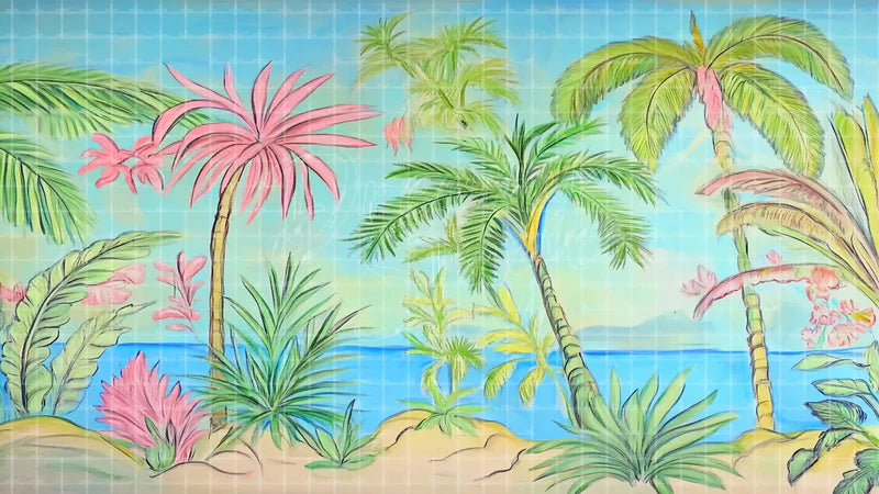 Colorful Tropical Palm digital stage backdrop for theatre projection, dance recital, school musical, community theatre, LED screen background, and printable stage scenery. Suitable for Moana, The Little Mermaid, Little Mermaid inspired productions,