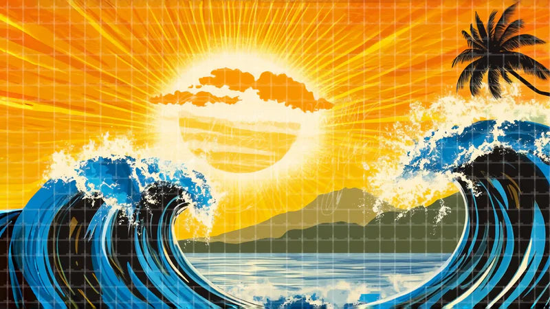 Hawaiian Sunset Wave digital stage backdrop for theatre projection, dance recital, school musical, community theatre, LED screen background, and printable stage scenery. Suitable for Moana, The Little Mermaid, Little Mermaid inspired productions,