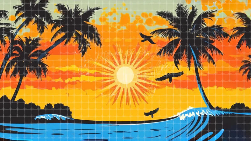 Sunset Palm Ocean Silhouette digital stage backdrop for theatre projection, dance recital, school musical, community theatre, LED screen background, and printable stage scenery. Suitable for Moana, The Little Mermaid, Little Mermaid inspired productions,