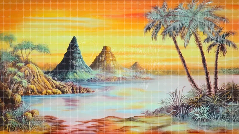 Volcanic Island Sunset digital stage backdrop for theatre projection, dance recital, school musical, community theatre, LED screen background, and printable stage scenery. Suitable for Moana, The Little Mermaid, Little Mermaid inspired productions,