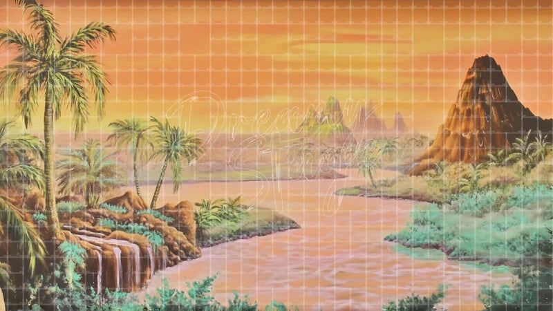 Tropical Mountain Island Sunset digital stage backdrop for theatre projection, dance recital, school musical, community theatre, LED screen background, and printable stage scenery. Suitable for Moana, The Little Mermaid, Little Mermaid inspired productions,