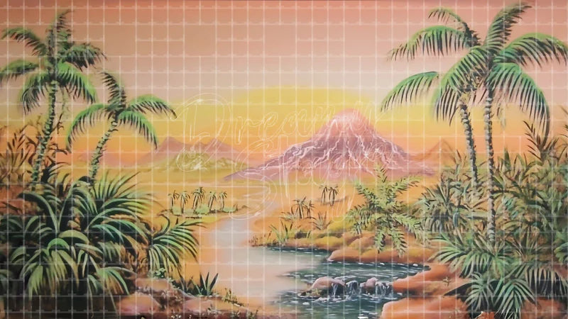Palm Lagoon Sunset Scene digital stage backdrop for theatre projection, dance recital, school musical, community theatre, LED screen background, and printable stage scenery. Suitable for Moana, The Little Mermaid, Little Mermaid inspired productions,
