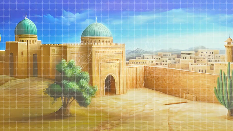 Middle Eastern Desert Palace digital stage backdrop for theatre projection, dance recital, school musical, community theatre, LED screen background, and printable stage scenery. Suitable for Joseph and the Amazing Technicolor Dreamcoat, Joseph, The Prince of Egypt inspired productions,