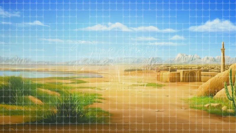 Desert Oasis City Landscape digital stage backdrop for theatre projection, dance recital, school musical, community theatre, LED screen background, and printable stage scenery. Suitable for Joseph and the Amazing Technicolor Dreamcoat, Joseph, The Prince of Egypt inspired productions,