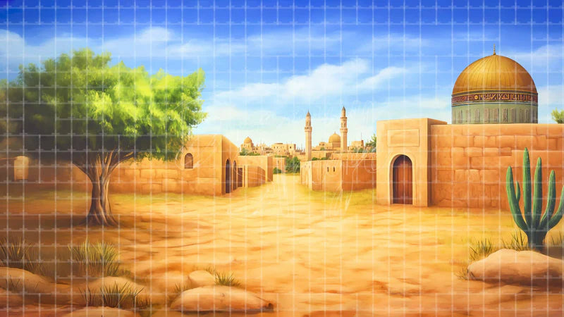 Ancient Desert Village digital stage backdrop for theatre projection, dance recital, school musical, community theatre, LED screen background, and printable stage scenery. Suitable for Joseph and the Amazing Technicolor Dreamcoat, Joseph, The Prince of Egypt inspired productions,
