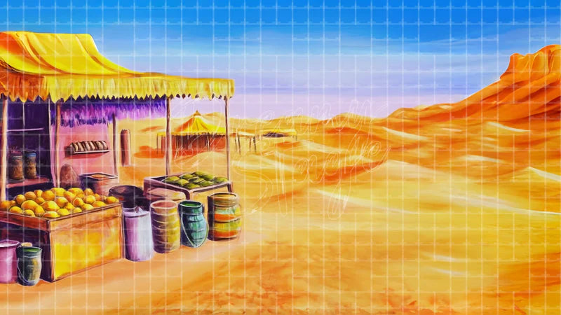 Desert Market Stall digital stage backdrop for theatre projection, dance recital, school musical, community theatre, LED screen background, and printable stage scenery. Suitable for Joseph and the Amazing Technicolor Dreamcoat, Joseph, The Prince of Egypt inspired productions,