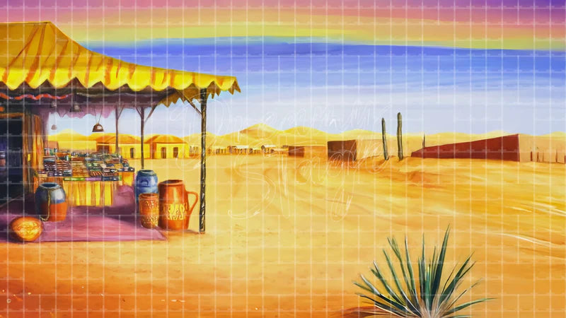 Desert Bazaar Tent digital stage backdrop for theatre projection, dance recital, school musical, community theatre, LED screen background, and printable stage scenery. Suitable for Joseph and the Amazing Technicolor Dreamcoat, Joseph, The Prince of Egypt inspired productions,
