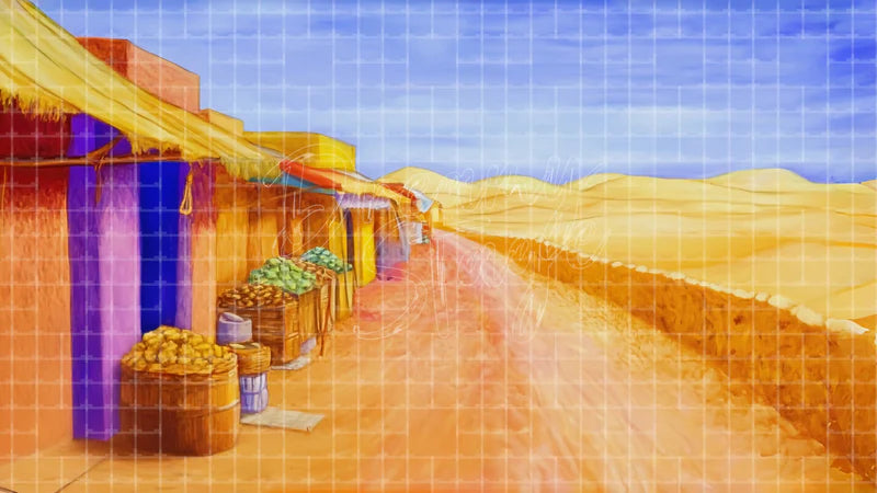Desert Road Market digital stage backdrop for theatre projection, dance recital, school musical, community theatre, LED screen background, and printable stage scenery. Suitable for Joseph and the Amazing Technicolor Dreamcoat, Joseph, The Prince of Egypt inspired productions,
