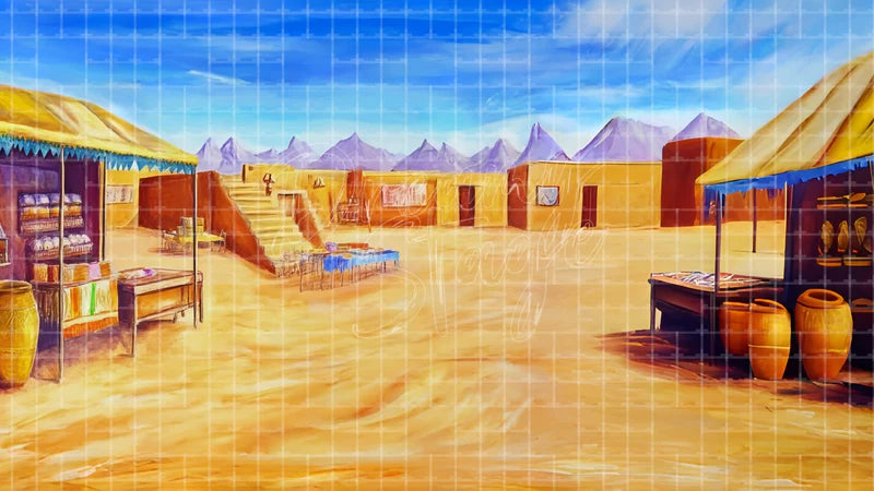 Sandy Market Square digital stage backdrop for theatre projection, dance recital, school musical, community theatre, LED screen background, and printable stage scenery. Suitable for Joseph and the Amazing Technicolor Dreamcoat, Joseph, The Prince of Egypt inspired productions,