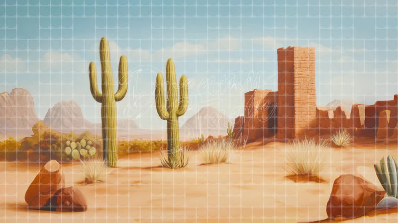 Desert Cactus Ruins digital stage backdrop for theatre projection, dance recital, school musical, community theatre, LED screen background, and printable stage scenery. Suitable for Oklahoma!, Oklahoma, Annie Get Your Gun inspired productions,