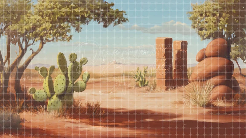 Cactus Desert Rock Scene digital stage backdrop for theatre projection, dance recital, school musical, community theatre, LED screen background, and printable stage scenery. Suitable for Oklahoma!, Oklahoma, Annie Get Your Gun inspired productions,