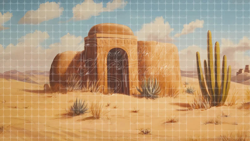 Adobe Desert Hut digital stage backdrop for theatre projection, dance recital, school musical, community theatre, LED screen background, and printable stage scenery. Suitable for Oklahoma!, Oklahoma, Annie Get Your Gun inspired productions,