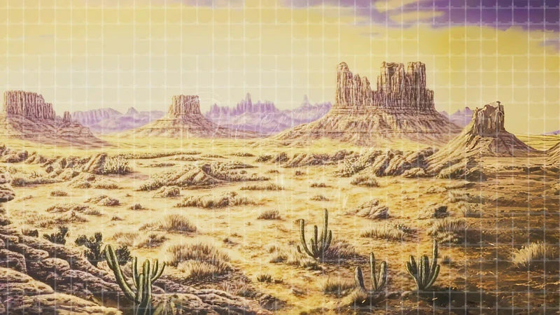 Wide Desert Canyon digital stage backdrop for theatre projection, dance recital, school musical, community theatre, LED screen background, and printable stage scenery. Suitable for Oklahoma!, Oklahoma, Annie Get Your Gun inspired productions,