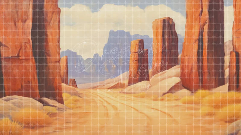 Red Rock Desert Passage digital stage backdrop for theatre projection, dance recital, school musical, community theatre, LED screen background, and printable stage scenery. Suitable for Oklahoma!, Oklahoma, Annie Get Your Gun inspired productions,