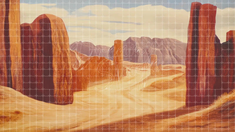 Red Canyon Desert Path digital stage backdrop for theatre projection, dance recital, school musical, community theatre, LED screen background, and printable stage scenery. Suitable for Joseph and the Amazing Technicolor Dreamcoat, Joseph, The Prince of Egypt inspired productions,