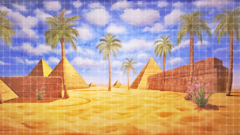 Egyptian Pyramid Palm digital stage backdrop for theatre projection, dance recital, school musical, community theatre, LED screen background, and printable stage scenery. Suitable for Joseph and the Amazing Technicolor Dreamcoat, Joseph, The Prince of Egypt inspired productions,