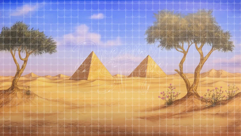 Pyramids With Desert Trees digital stage backdrop for theatre projection, dance recital, school musical, community theatre, LED screen background, and printable stage scenery. Suitable for Joseph and the Amazing Technicolor Dreamcoat, Joseph, The Prince of Egypt inspired productions,
