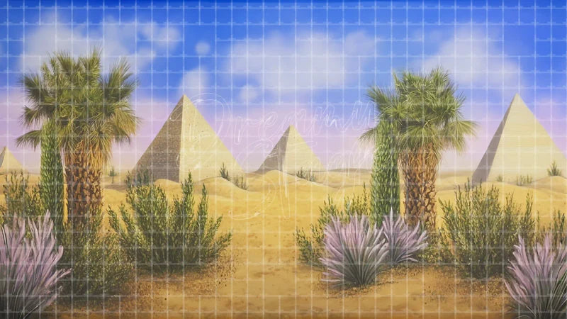 Pyramid Oasis digital stage backdrop for theatre projection, dance recital, school musical, community theatre, LED screen background, and printable stage scenery. Suitable for Joseph and the Amazing Technicolor Dreamcoat, Joseph, The Prince of Egypt inspired productions,
