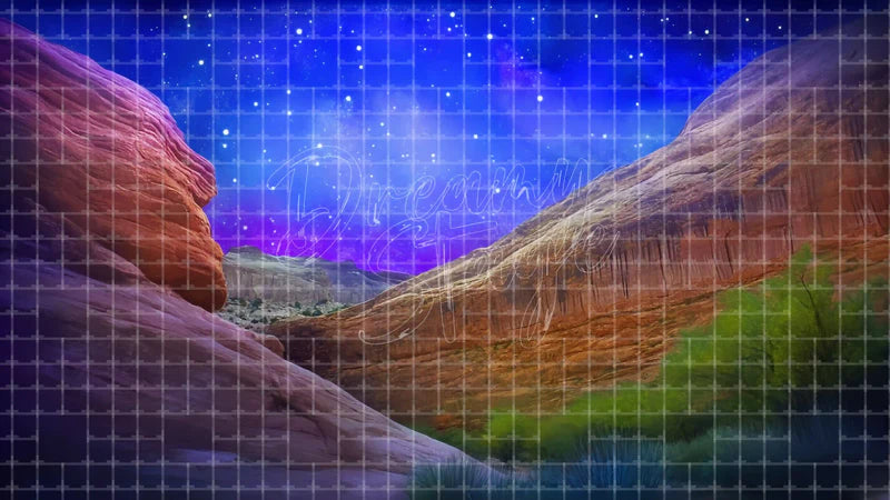 Starry Desert Canyon digital stage backdrop for theatre projection, dance recital, school musical, community theatre, LED screen background, and printable stage scenery. Suitable for Joseph and the Amazing Technicolor Dreamcoat, Joseph, The Prince of Egypt inspired productions,